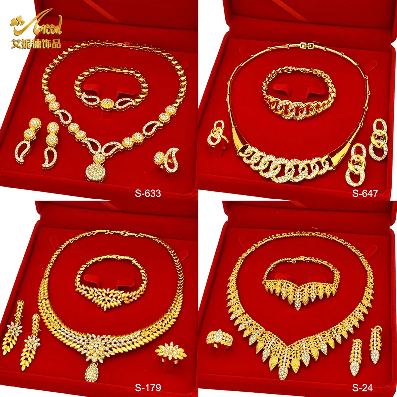 

Fashion Gold Color New Crystal Charm Jewelry Set For Lady Nigerian Wedding Bridal Luxury 24k Necklace Sets Dubai Wholesale Gifts