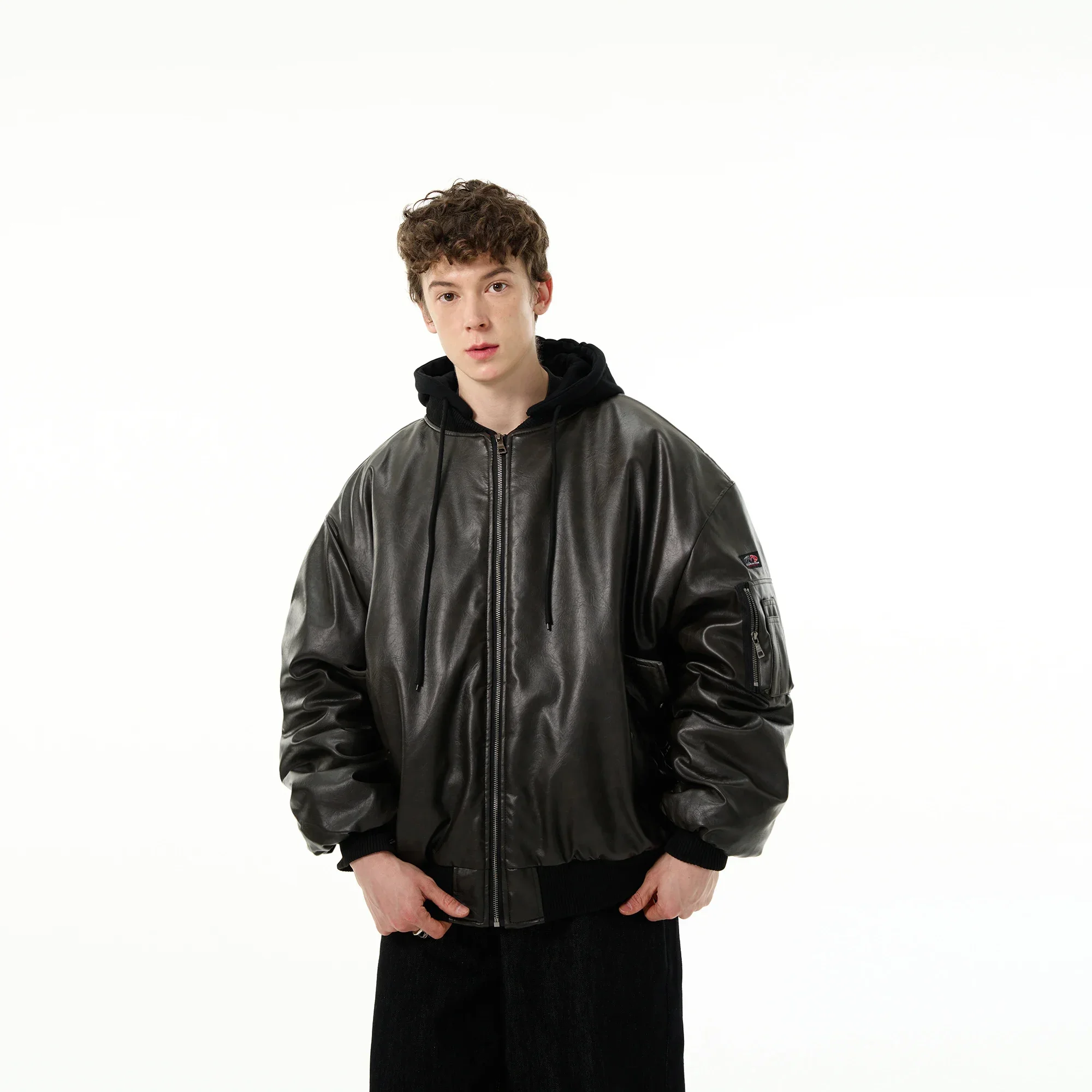 MADE EXTREME Maillard Thickened PU Leather Jacket Padded Bomber Jacket Black