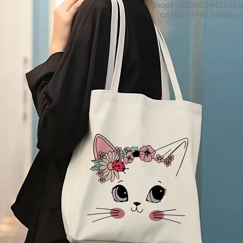 Floral Cat Print Graphics Women Canvas Tote Bag Girls Y2K Aesthetics Handbags Cartoon Cat Student High-capacity Shoulder Bag