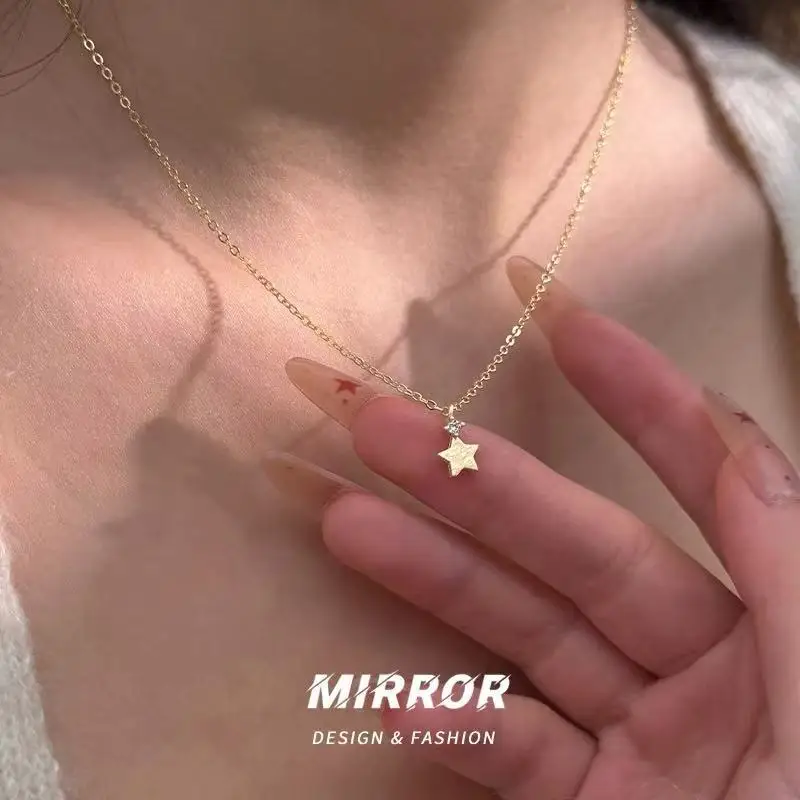 Frosted Star Pendant Necklace for Women • Silver-Plated White Copper Cross Chain • 41–50 cm Adjustable Length • Lightweight 2g D