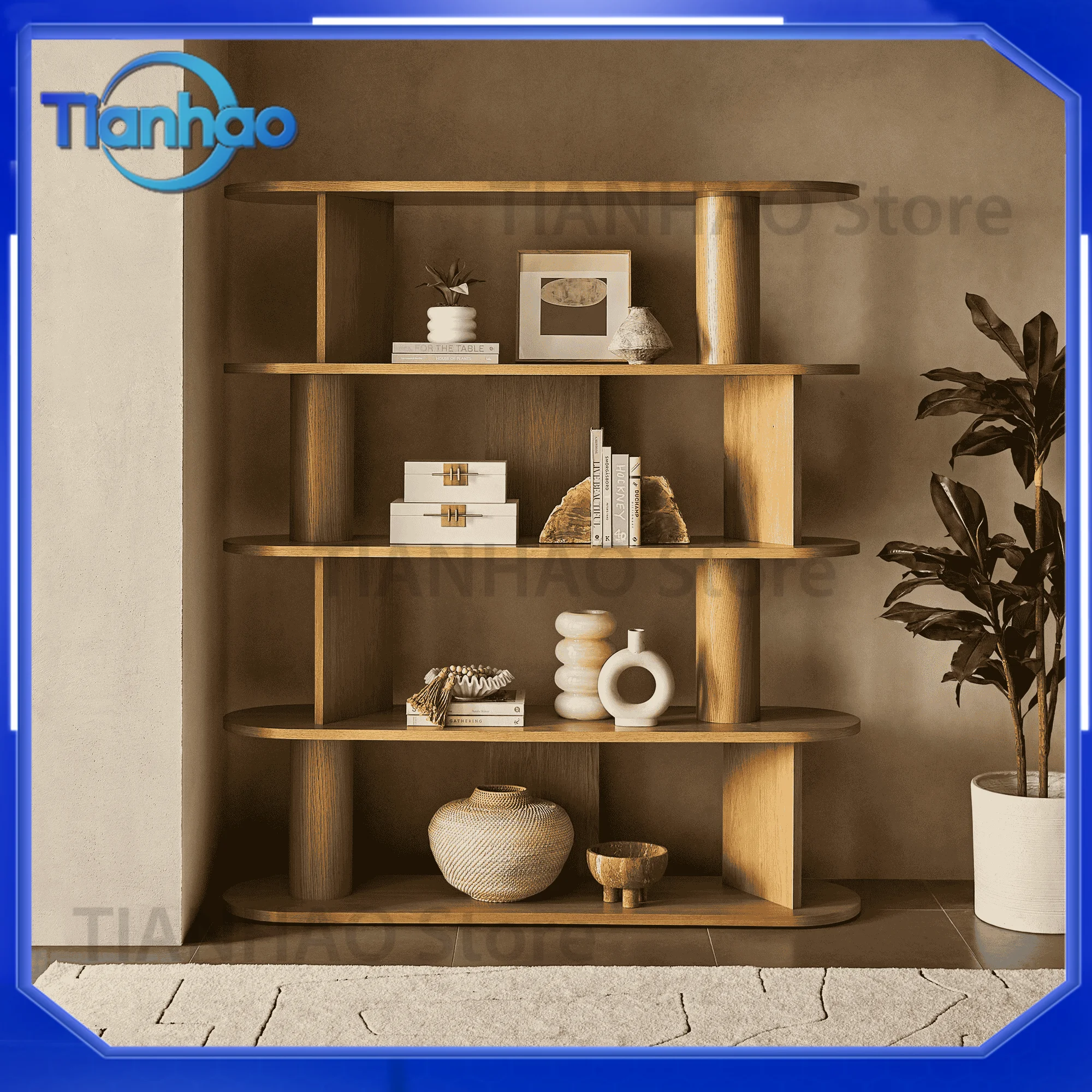 Scandinavian Solid Wood Library Display Shelf for Living Room Office Wall Mounted Floor Standing Open Bookcase