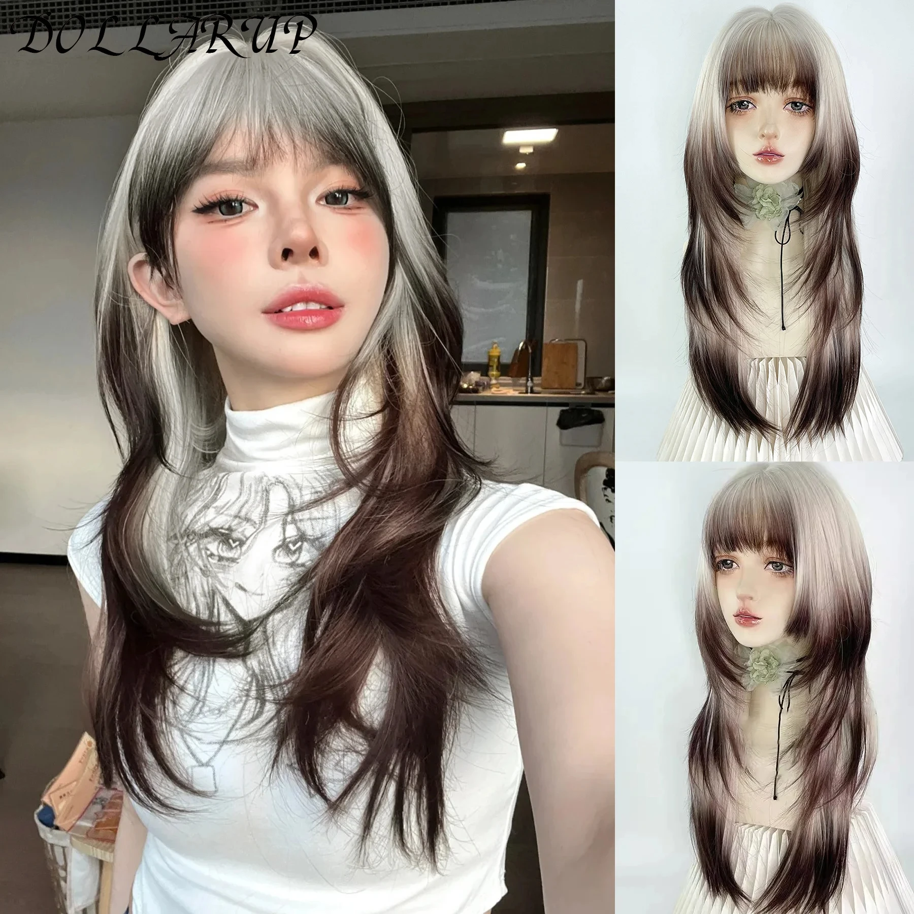 

JKL Long Synthetic Brown Black Straight Wigs for Women Glueless Realistic Wig with Bangs Natural Layered Wig for Girls Daily Par