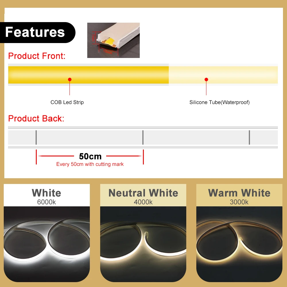 25M 100-220V COB LED Strip Light Silicone Neon Tube 288LEDs/M High Density Flexible Outdoor Waterproof 3000k 4000k 6000k EU Plug