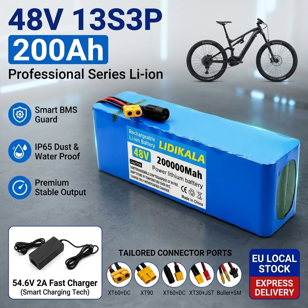Akumulator litowy 48V 200Ah 200000mAh 13S3P o mocy szczytowej 2000W, pakiet baterii Li-ion z inteligentnym BMS do e-bike'a i hulajnogi.