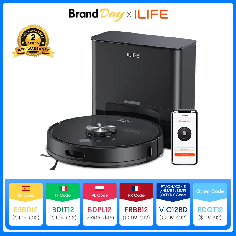 Aspirateur robot ILIFE T20s Ultra avec station d'auto-vidage, aspiration de 10000 Pa, batterie de 4600 mAh, autonomie maximale de 300 minutes