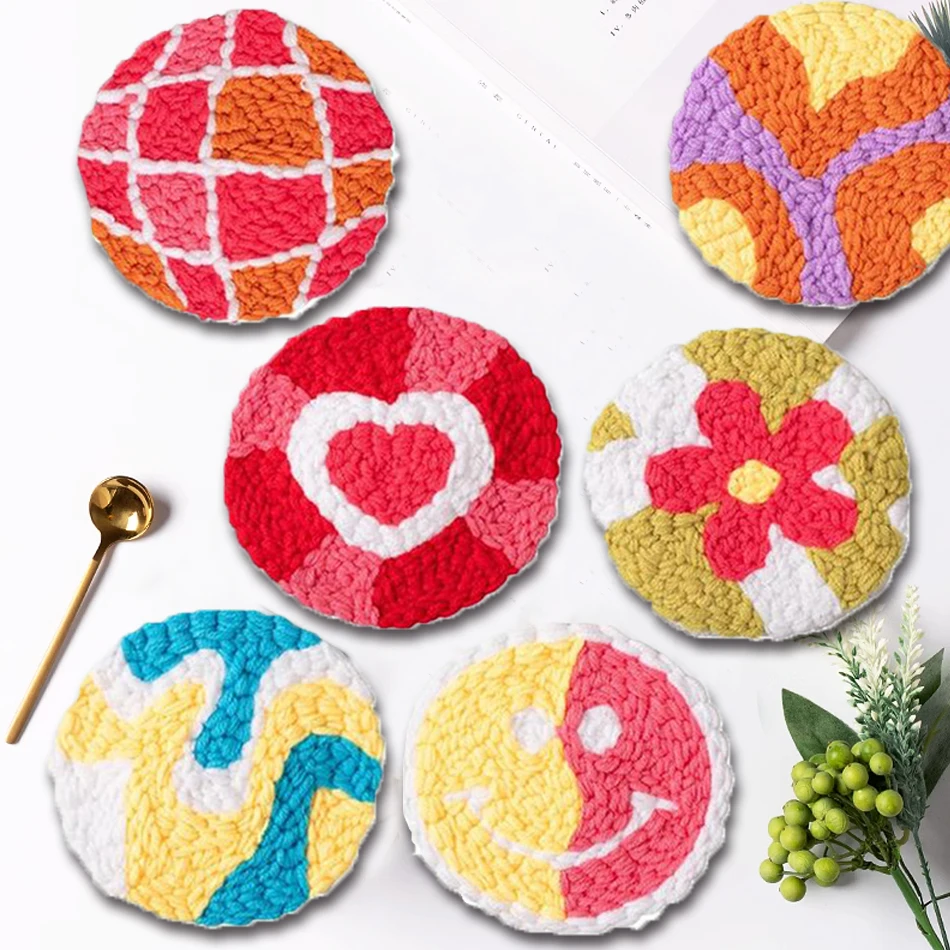 

Punch Needle Coasters Kit for Beginners Adults Embroidery Punch Kits with 6 Pcs Easy Patterns, Punch Needle, Threaders, Yarns