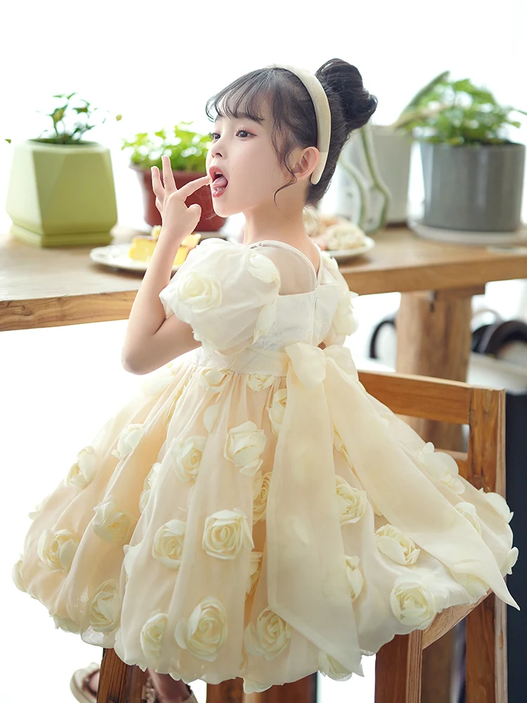 プリンセススタイルサマードレス-女の子用-子供用-パフスリーブ-花柄スカート-コットン生地-aラインスカート-半袖-誕生日衣装