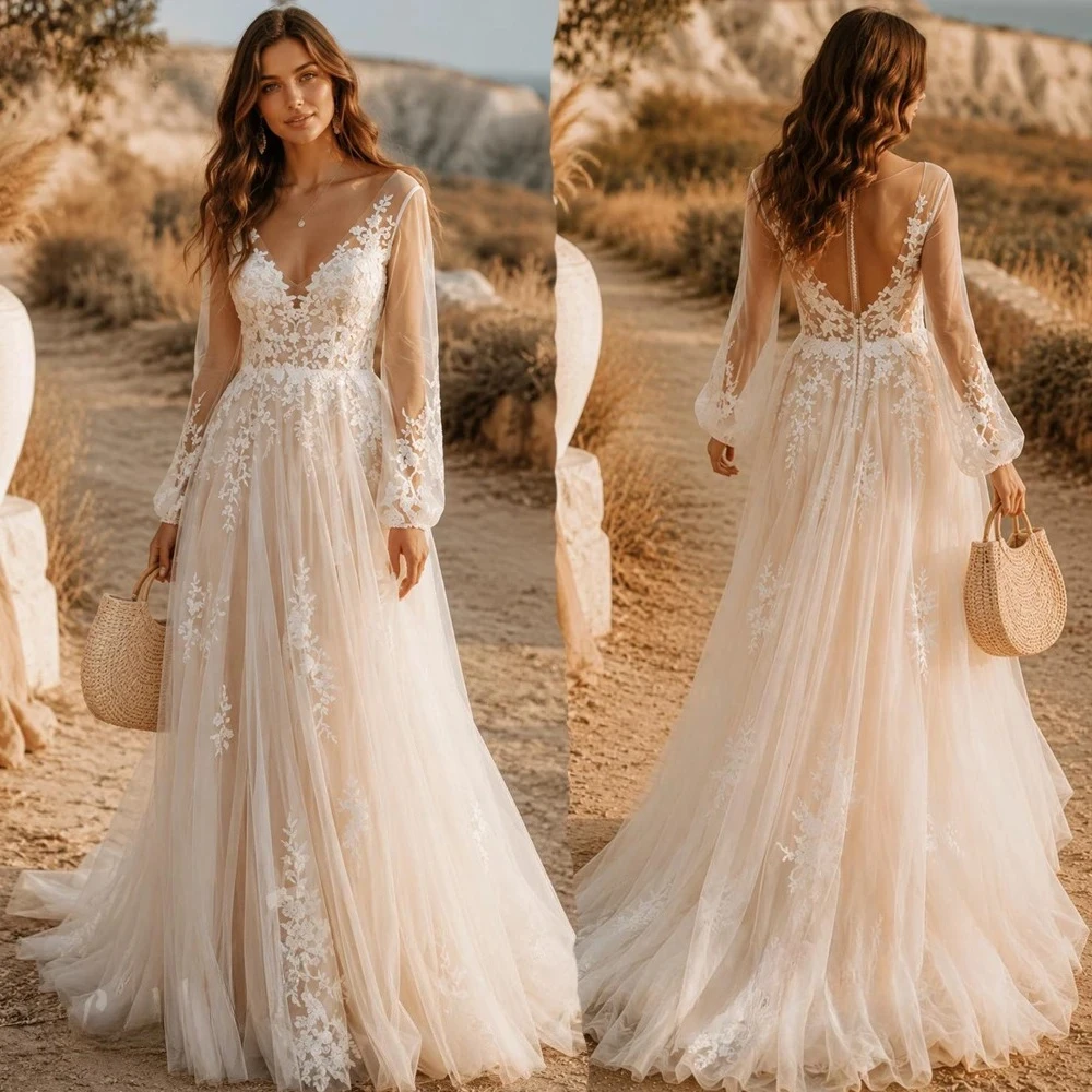 Gorgeous V Neck Lace Wedding Dresses Boho Long Sleeves Floral Appliques Tulle A Line Plus Size Bridal Gown Custom Vestido Novia