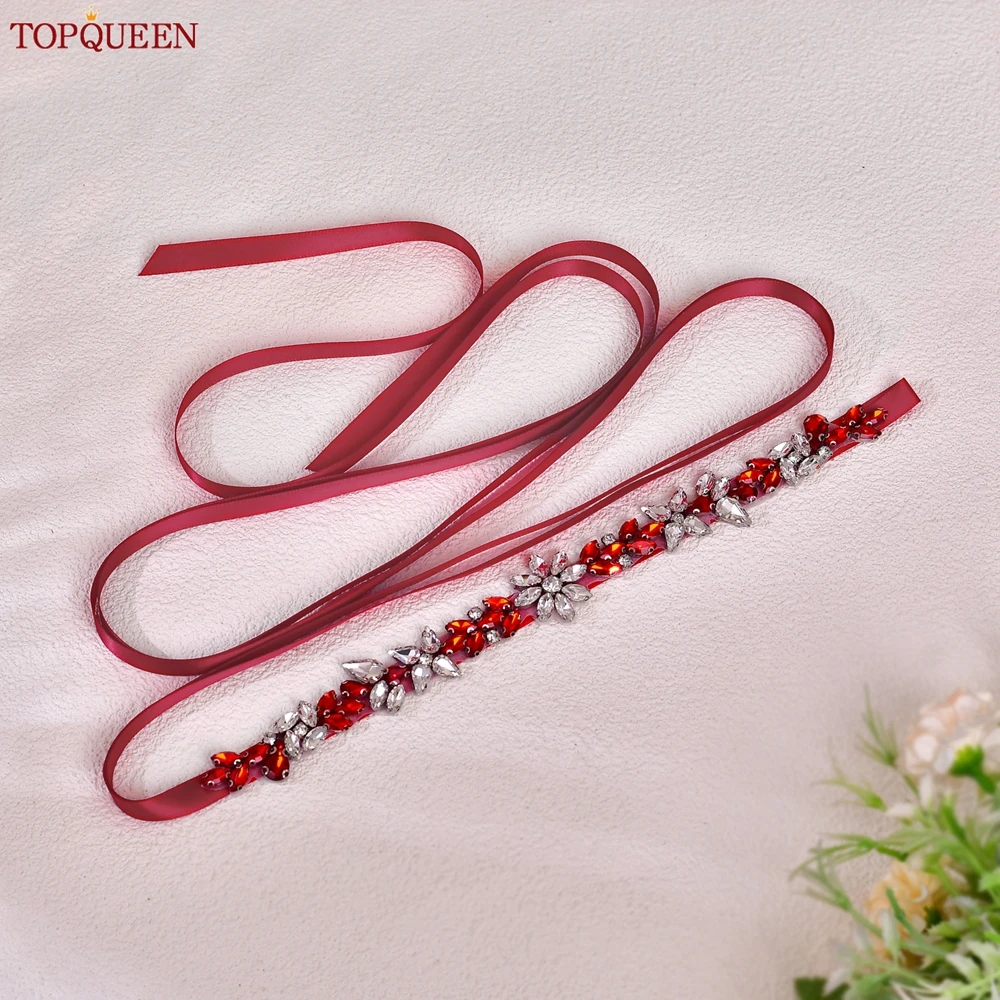 

TOPQUEEN Burgundy Ribbon Style Wedding Belt Stone Jewelry Applique Belt Bridesmaid Bridal Accessories Christmas Dress Decoration