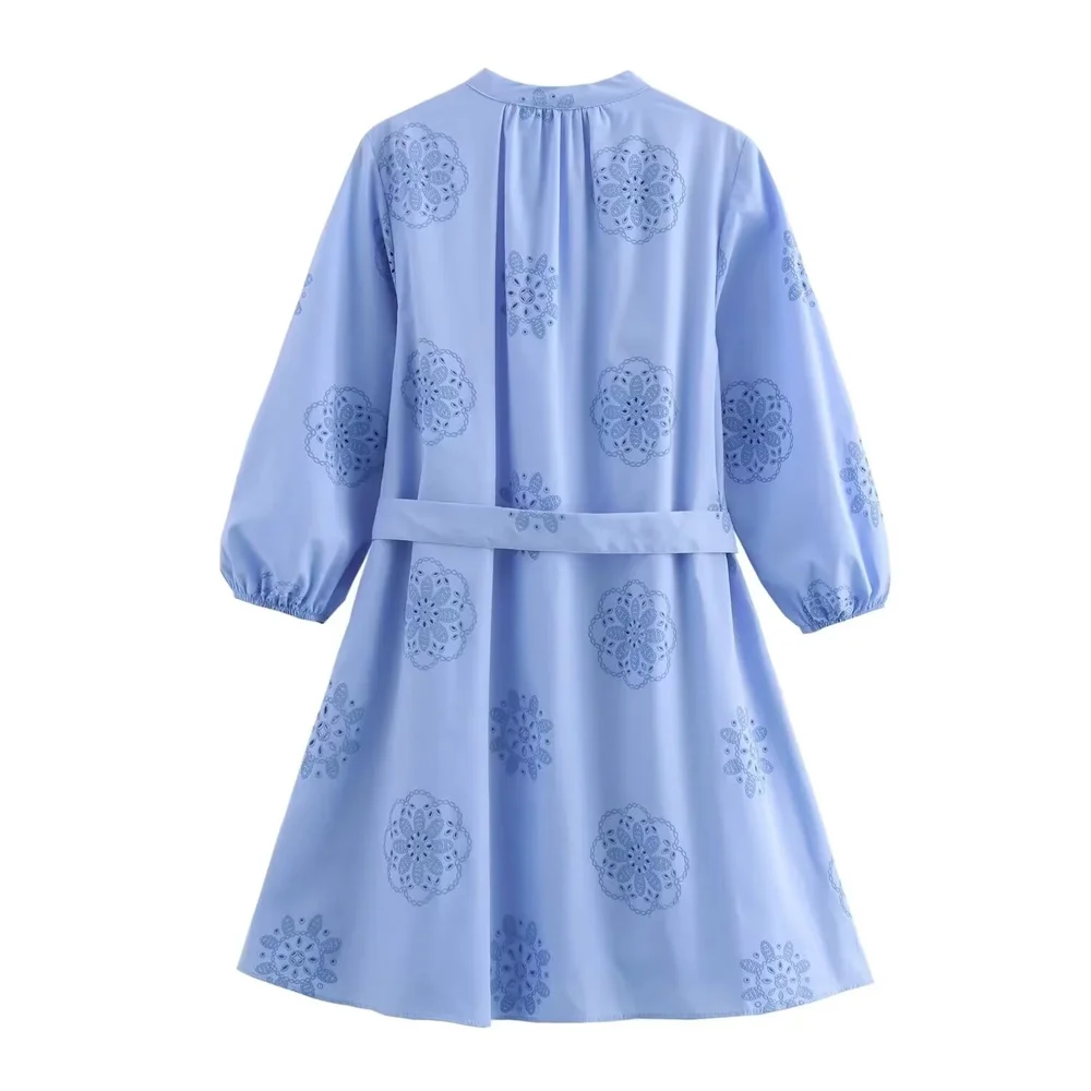 Summer new blue V-neck embroidered decoration fluffy long sleeved poplin dress with pressure glue