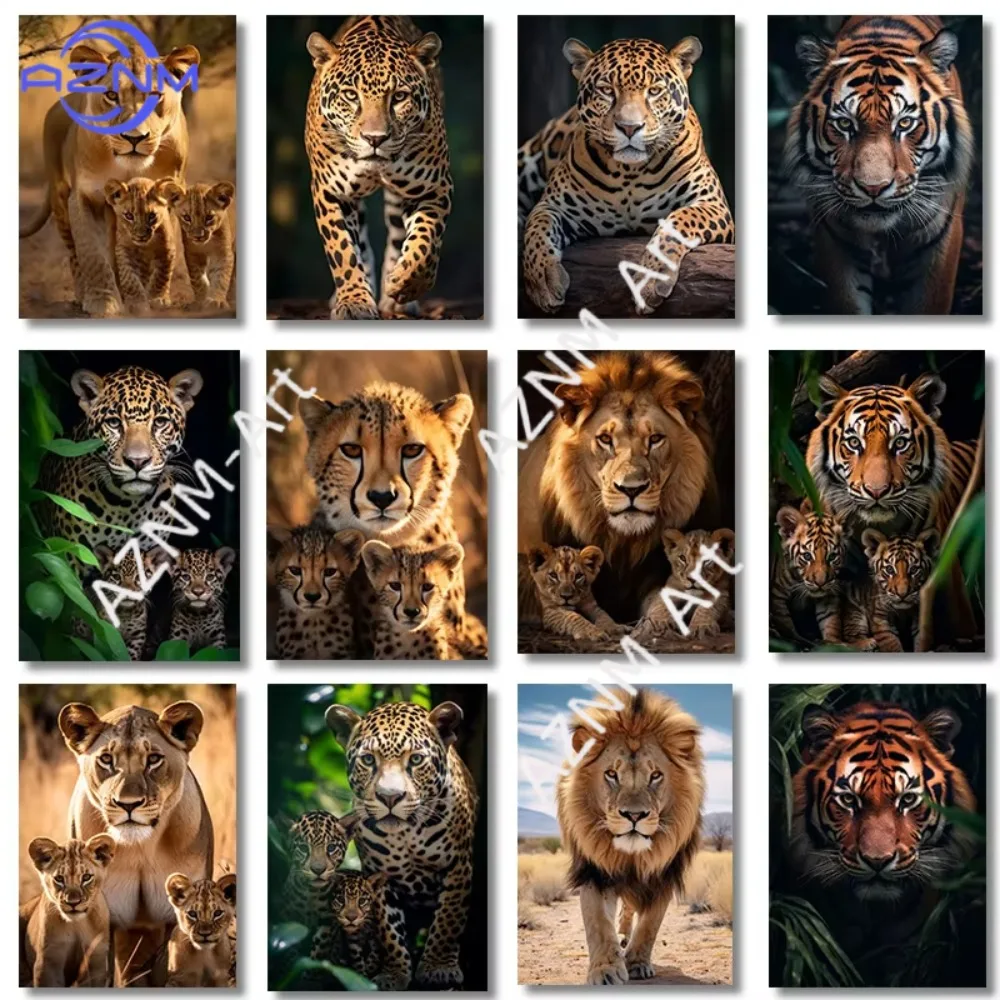 1 Stück Tiger Löwe Leopard mit Jungtieren Poster Druck Wilde Tierfamilie Dschungel Leinwandbild für Wohnzimmer Heimdekoration Cuadros