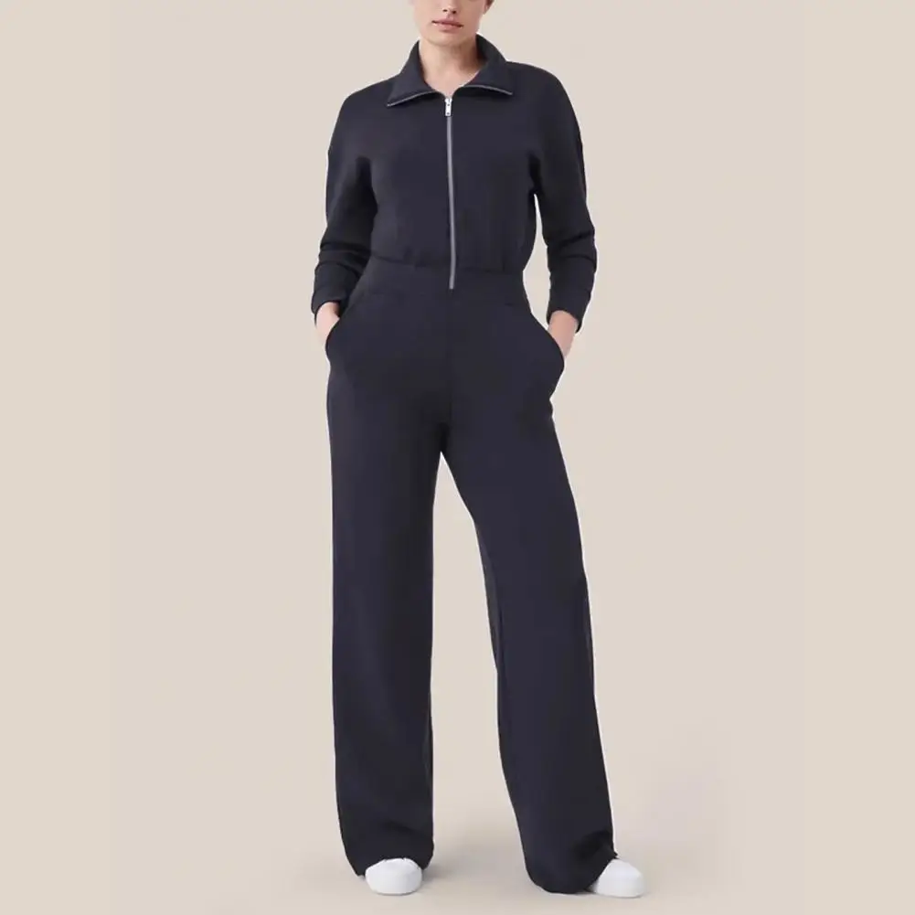 Jumpsuit kaki lebar, Jumpsuit nyaman ritsleting kerah untuk wanita warna Solid lengan tanggung kaki lebar dengan saku musim gugur musim dingin