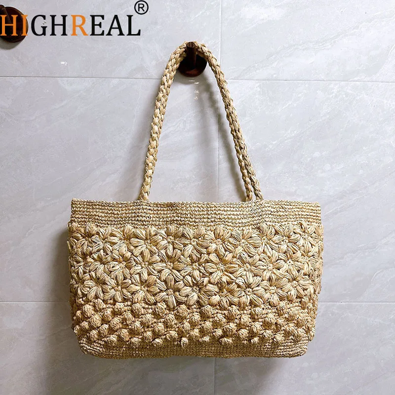 

Богемская сумка-тоут из рафии с цветочным узором, связанная крючком, для пляжа, женская сумка через плечо, ручной работы, плетеная сумка-шоппер, дорожная сумка