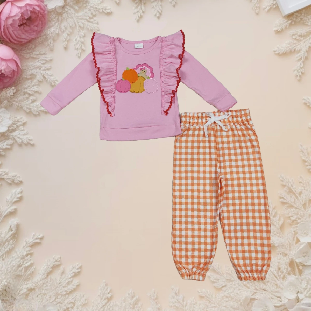 

New Arrival Baby Girl Clothing Set Turkey Pumpkin Long Sleeve Ruffle Top and Plaid Pants Outfit Toddler Kids Fall Festival Wear