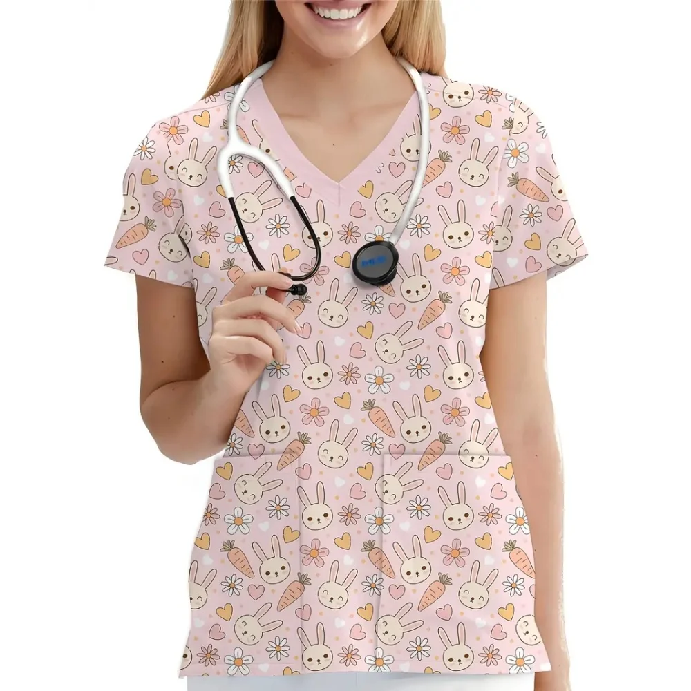 

Clinical Uniform Woman Animal Cartoon Print Casual V-Neck Short Sleeve with Pockets Nurse Fashion Dentist Nurse Uniform Woman