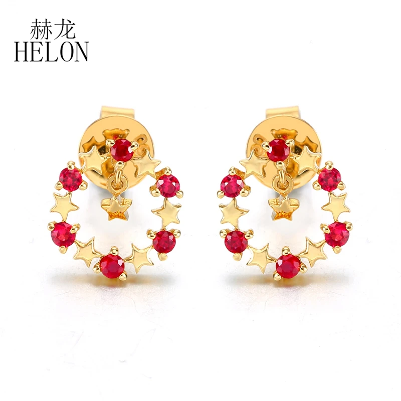 HELON Women Gemstone Earrings Solid 14k Yellow/Rose/White Gold AU585 0.23ct Round Genuine Natural Ruby Engagement Stud Earrings