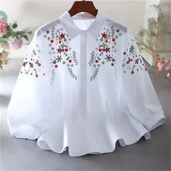 Shirts and Blouses New Temperament Literature Retro Small Fresh Embroidery Floral POLO Collar Loose Cropped Sleeve Shirt Blouse