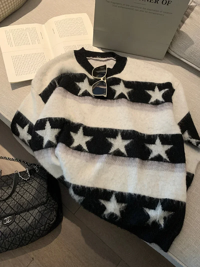 Contrast color star round neck sweater for women 2024 autumn and winter pullover sweater loose casual long-sleeved top