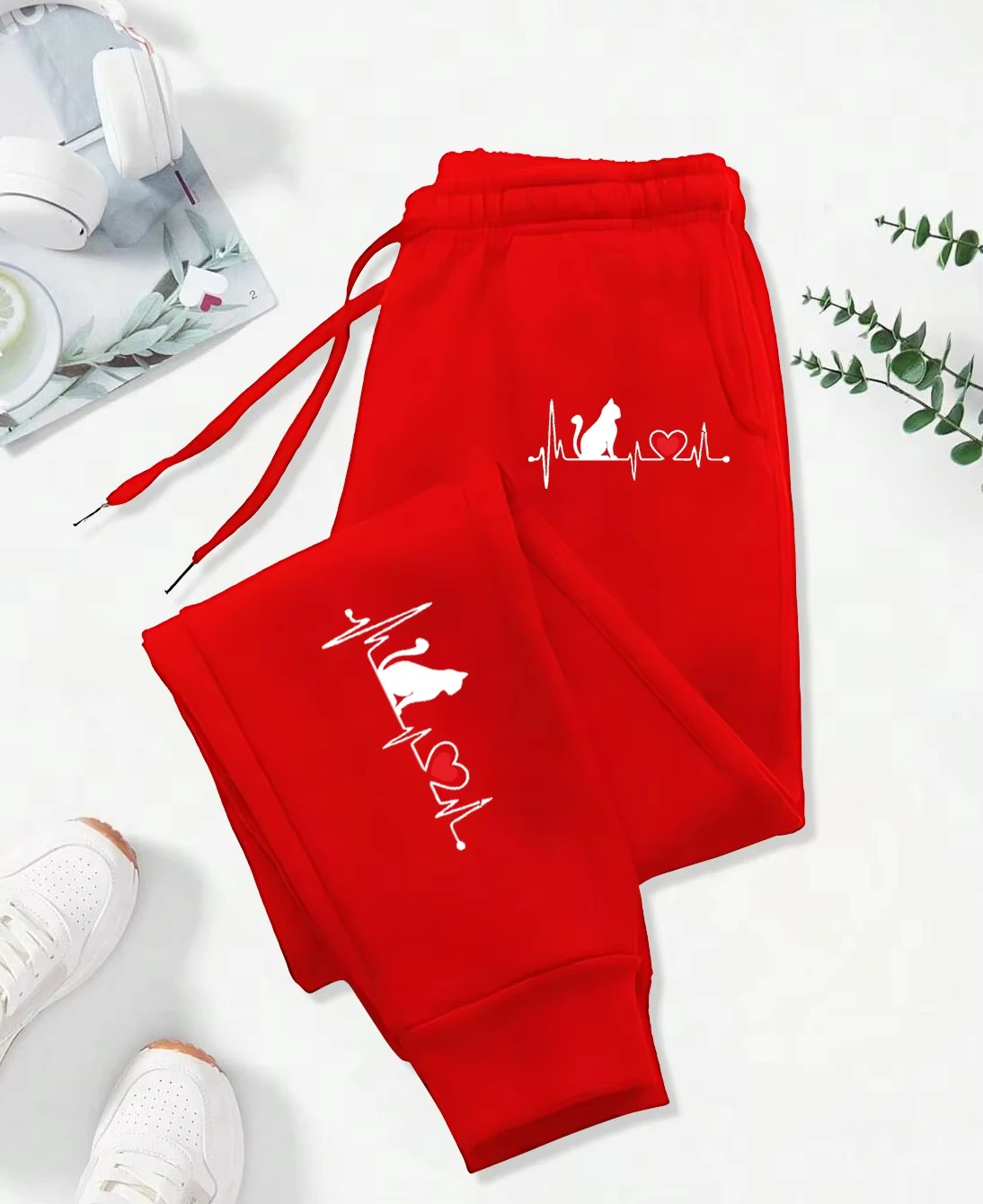 Dog Red Heart Electrocardiogram Printing Printed Woman Pant Street Soft Sweatpants Sport Fashion Trousers Casual Autumn Pants