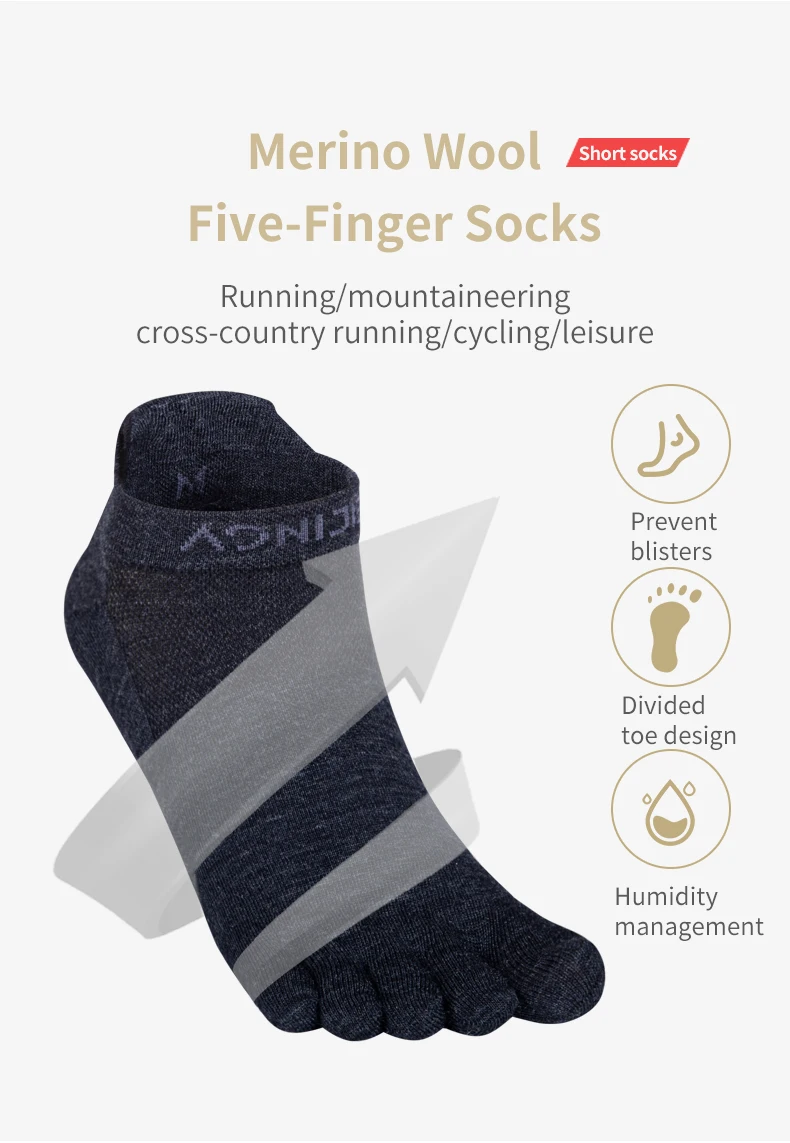 One Pair AONIJIE E4822 Merino Wool Five-Finger Short Socks Run Low Cut Athletic Five Toe Socks Toesocks For Running Marathon