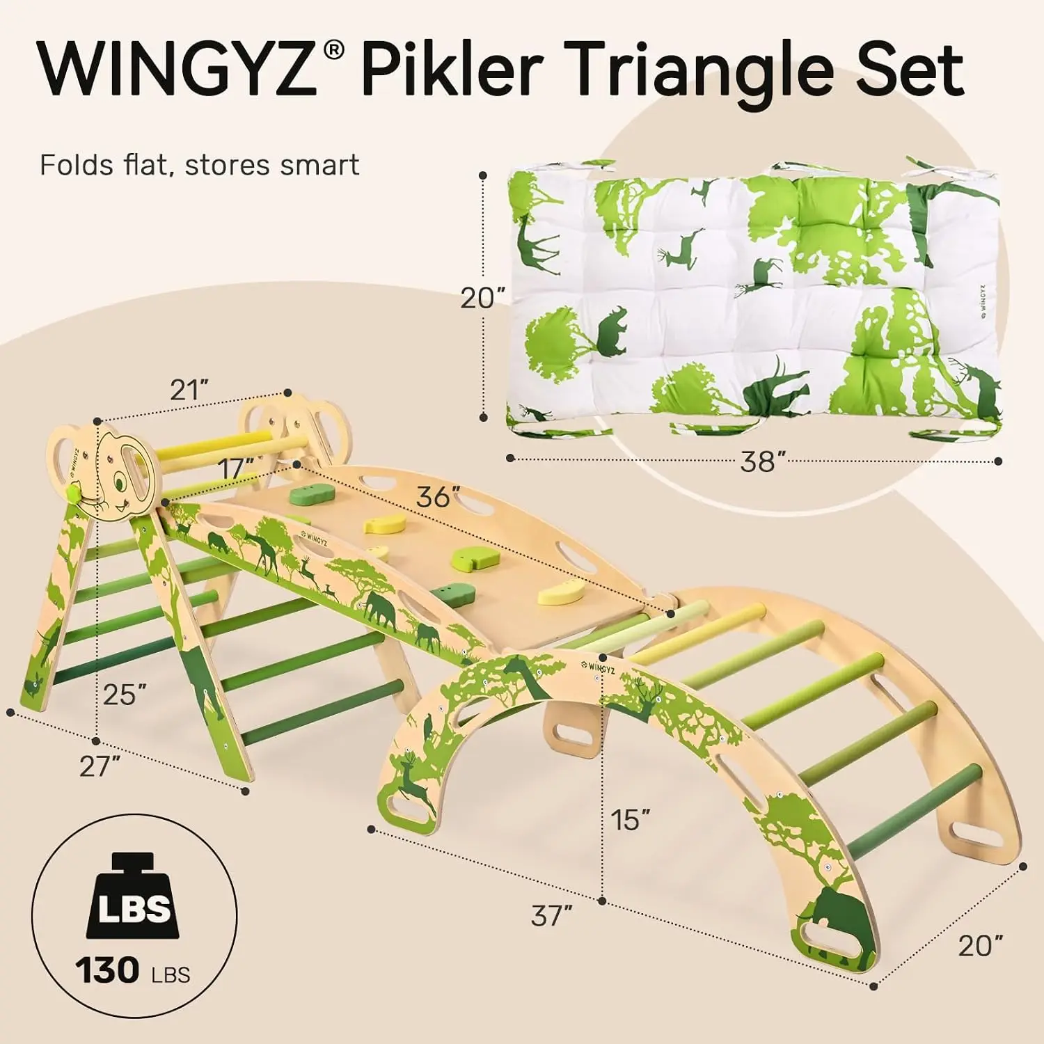 WINGYZ Pikler Triangle Set, Montessori Foldable 8-in-1 Jungle Gym with Reversible Animal Slide, Patent-Protected Climbing Set, S