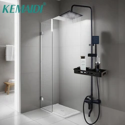 KEMAIDI-Juego de ducha de baño negro mate, cabezal de ducha de lluvia, mezclador de ducha de baño con estante, grifo de bañera, Sistema de ducha cromado