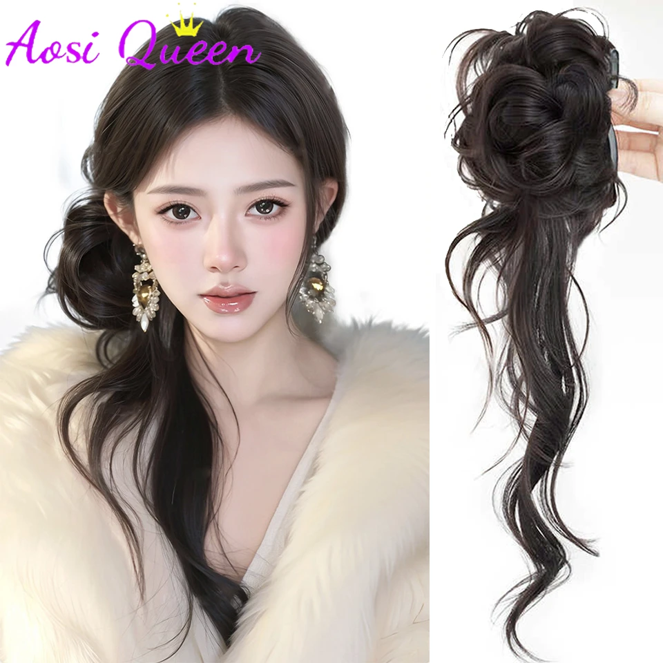 

Синтетический очень длинный накладной пучок для волос AOSIQUEEN в стиле «Драконья борода», ретро-корейский стиль, элегантный и небрежный пышный пучок-парик на заколке