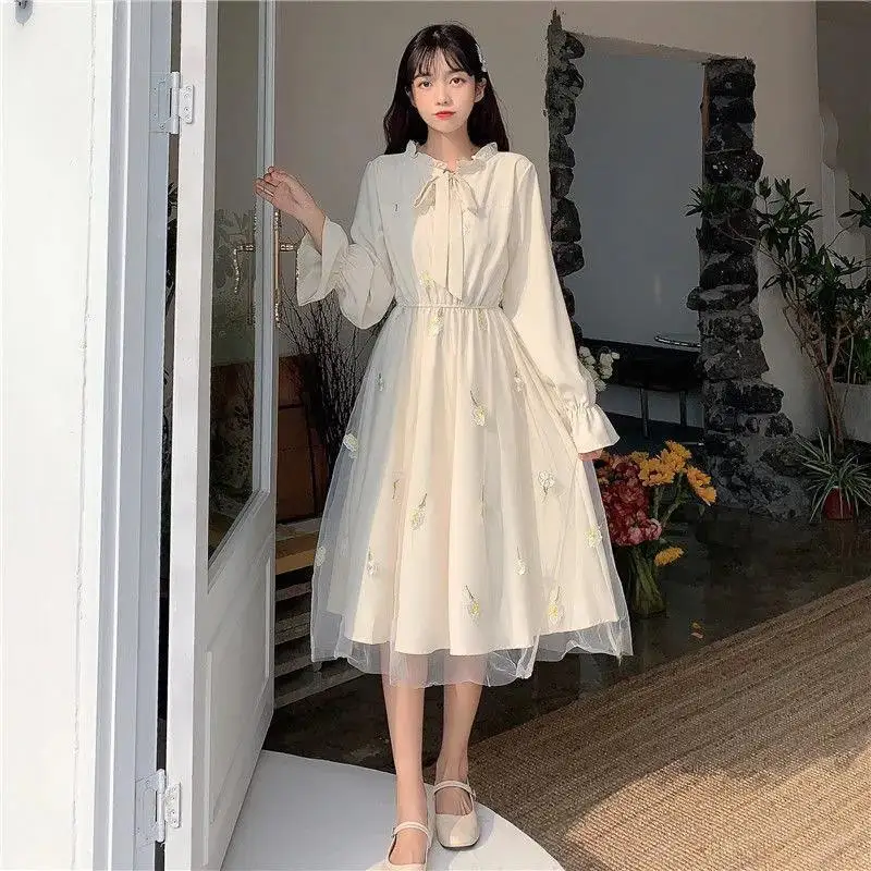 Autumn Gauze Sweet Party Dress Women Embroidery Long Sleeve A Line Female Fashion Streetwear Long Print Evening Dress