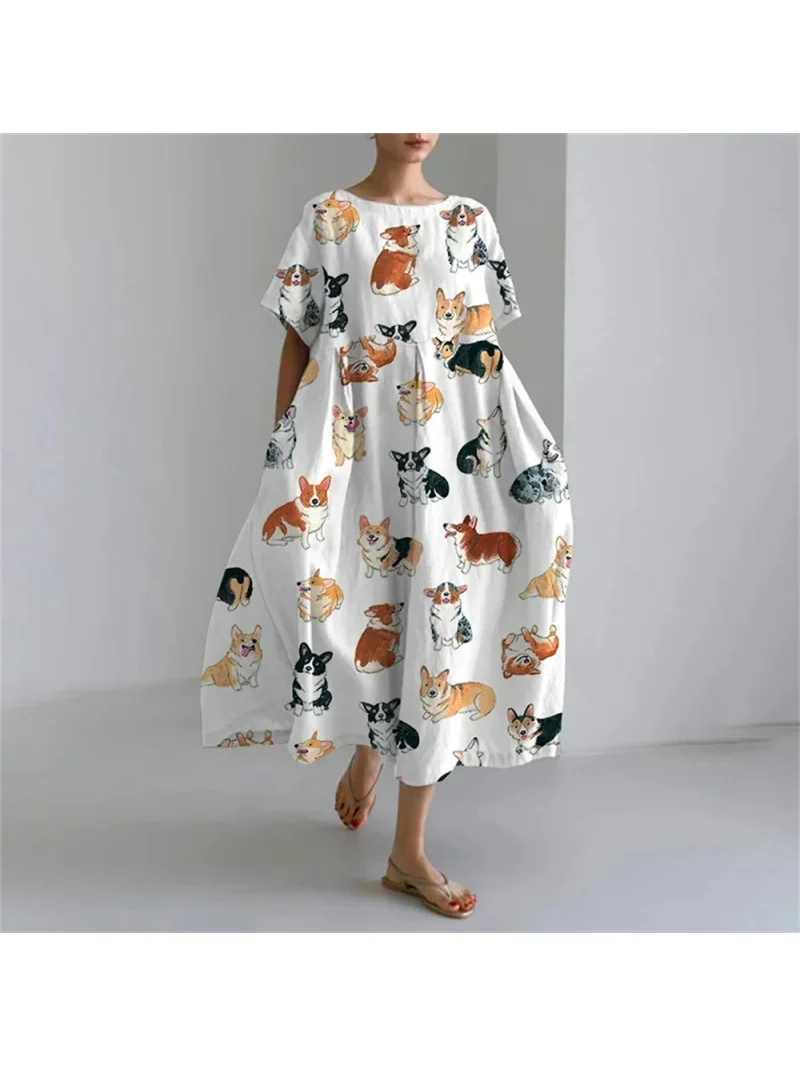 2024 Creative New Product Corgi Printed Casual Daily Women's Dress Elegant Short Sleeve Pocket Dress Fashion Plus Size Dress