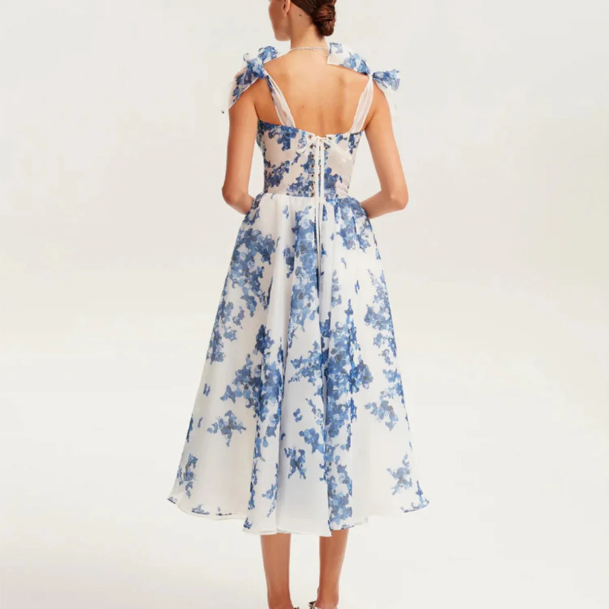 플로럴 프린트 백리스 드레스 여성용 2025 여름 스파게티 스트랩 파티 러플 A라인 드레스 패션 여성 비치 보헤미안 가운