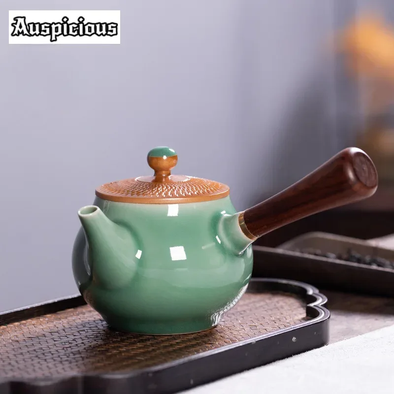 

230ml Longquan Celadon Side Handle Pot Pure Handmade Knife Jumping Teapot Brewing Tea Filter Infusions Kettle Teaset Collection