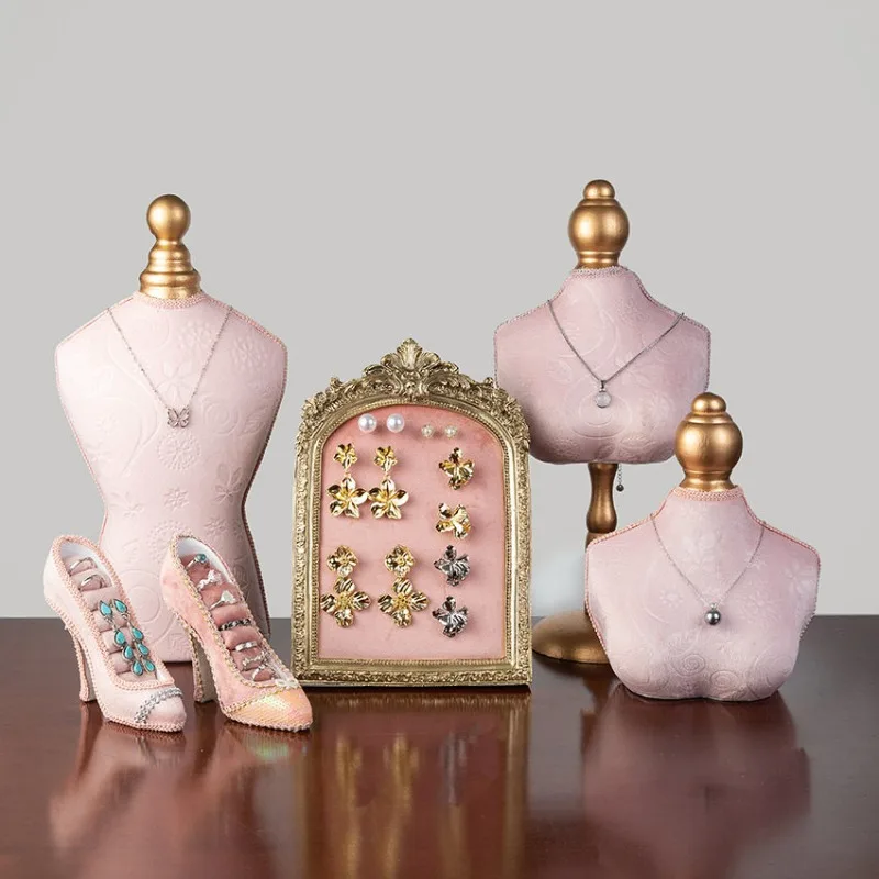 Stylish Pink Mannequin Necklace Stand, Jewelry Display Holder Organizer Rack for Earrings Bracelets, Tabletop Bust Showcase.