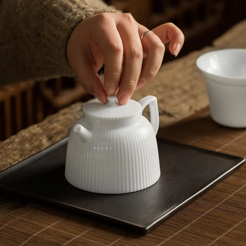 Suet Jade Teapot High-grade White Porcelain Tea Maker Closed Water Teapot Pure White Vertical Pattern Single Teapot Tea Kettle