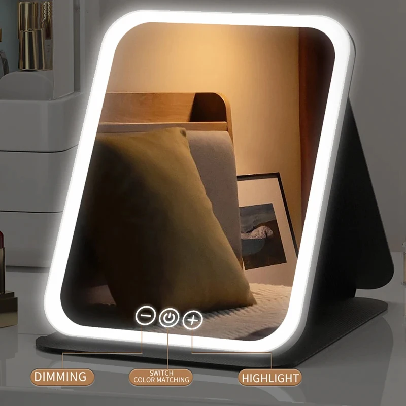 3 Colors Dimmable LED Makeup Mirror with Touch Screen Fold Cosmetic Makeup Mirror Rechargeable Tabletop for Travel & Home Use image 3