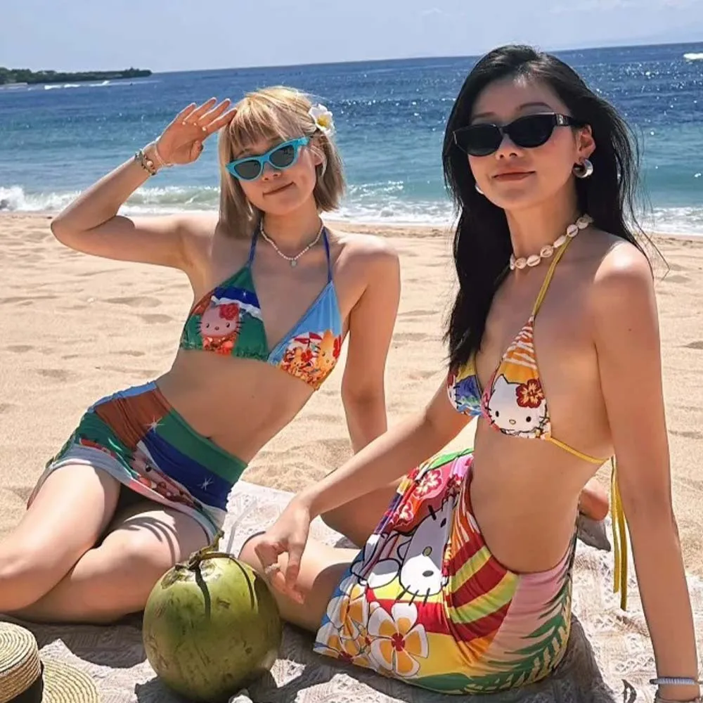 

Summer New Hello Kitty Print Bikini Swimsuit Women Two Piece Halter Tie Side Shorts with Skirt