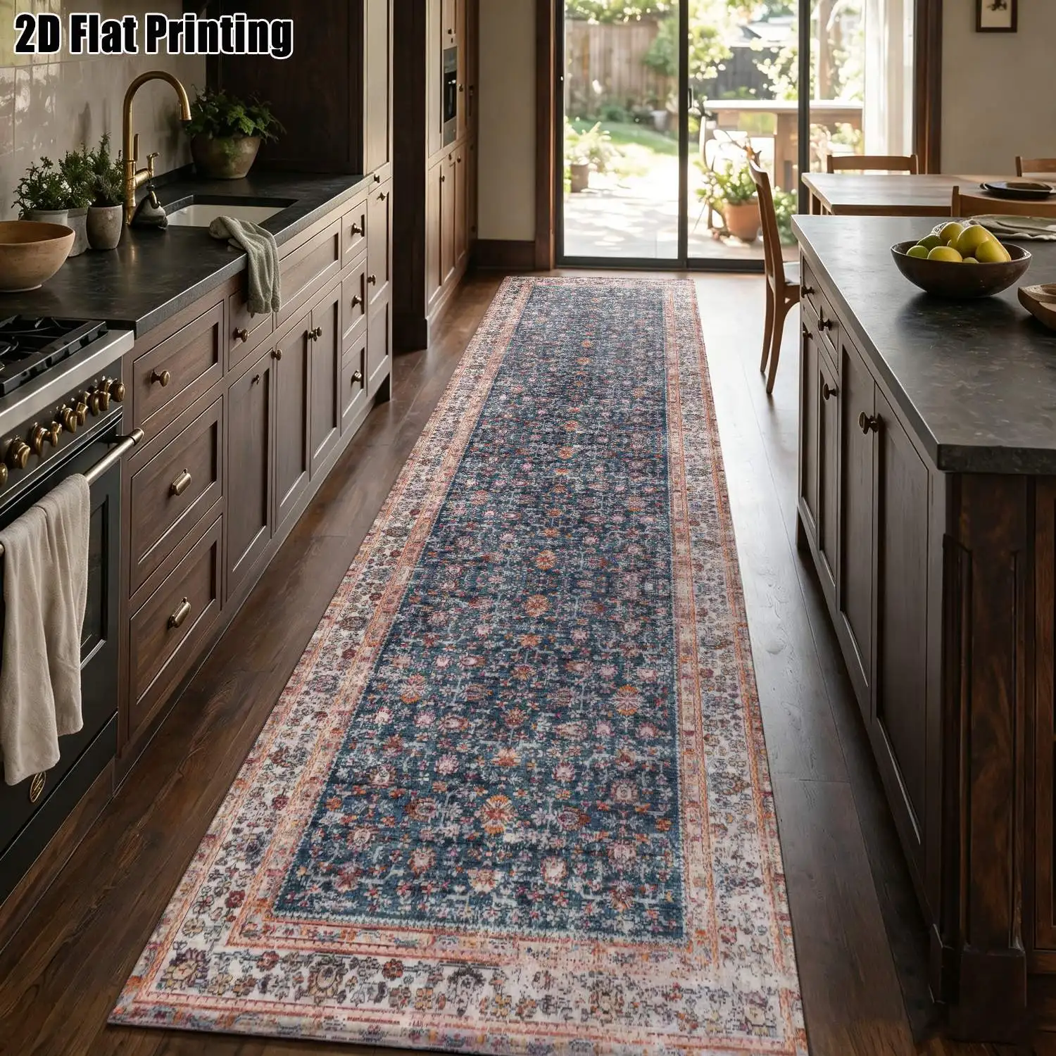 1Pc 2D Printed Long Strip Runner Carpet: Blue-Grey Retro Floral, European/Bohemian Style, Geometric Designs, Machine Washable, Multi-Size, Ideal for Entryway, Hallway, Bedroom, Kitchen Home Decor