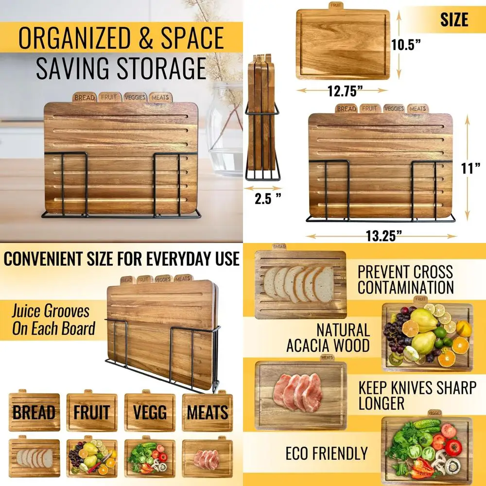 

Набор больших деревянных разделочных досок с 4-х предметами и золотым держателем | Нетоксичные кухонные разделочные доски | Деревянные доски с маркировкой 13x11x2,5