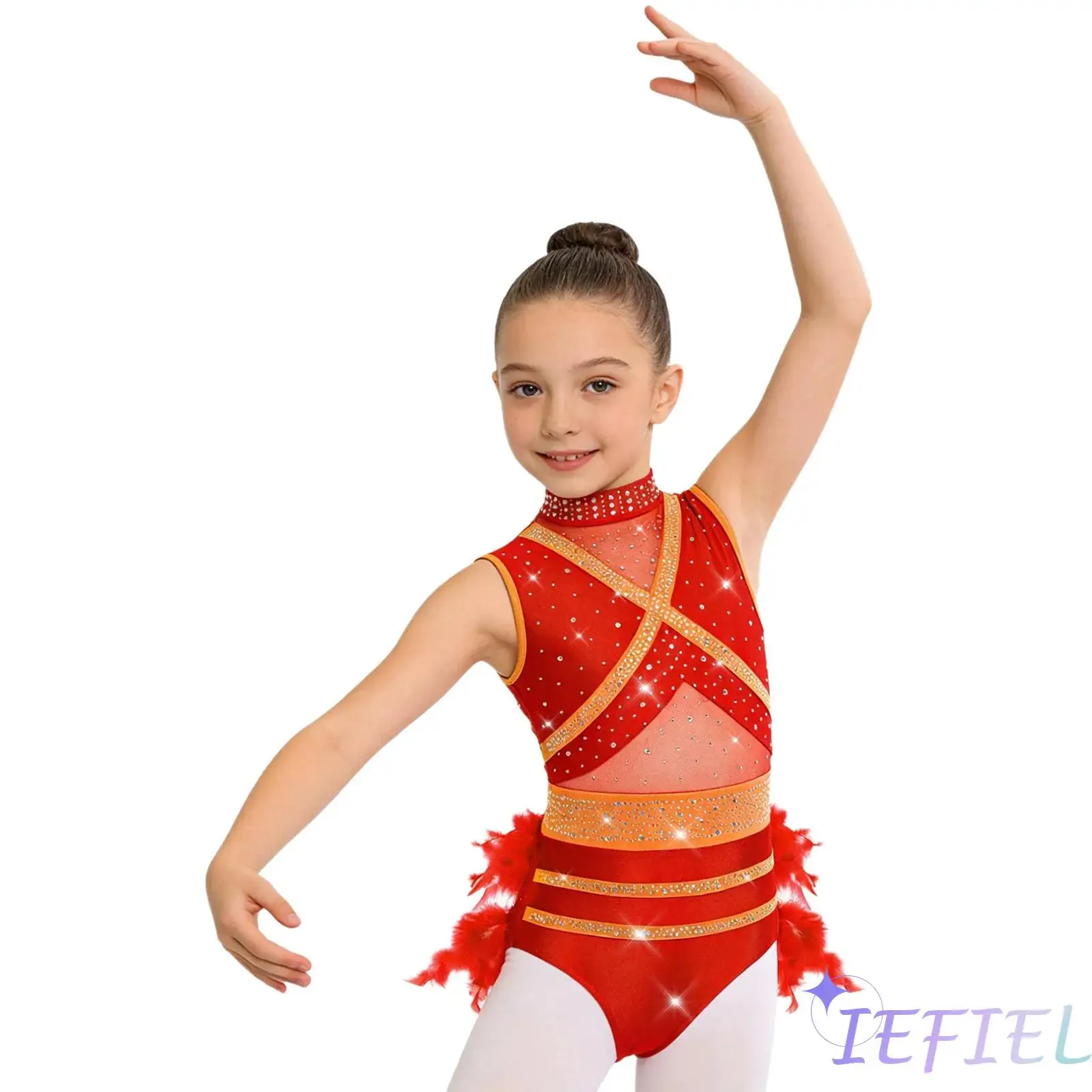 

Kids Girls Latin Ballet Dance Costume Bodysuit Mock Neck Sleeveless Mesh Patchwork Shiny Rhinestone Leotard Modern Dancewear