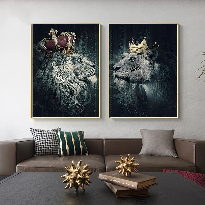 

Crown Lion King Queen Canvas Painting Binet Artwork Graffiti Art Abstract Animal Posters and Prints Wildlife Decorative Painting