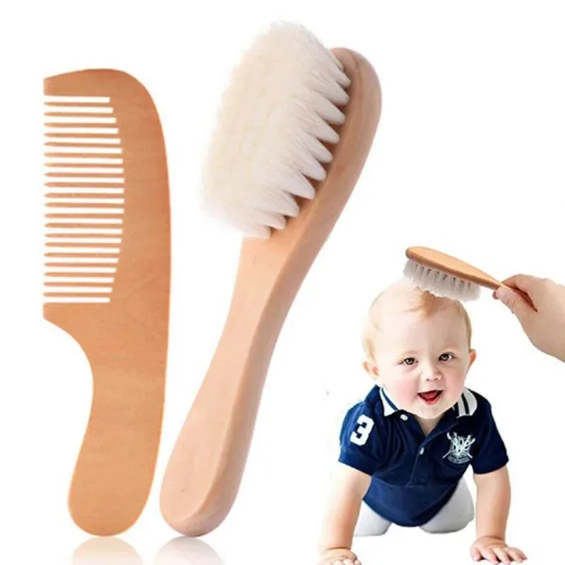 2PCS Newborn Wool Baby Wooden Brush Comb Newborn Hair Brush Infant Head Massager Portable Comb Hair Bath Brush Comb