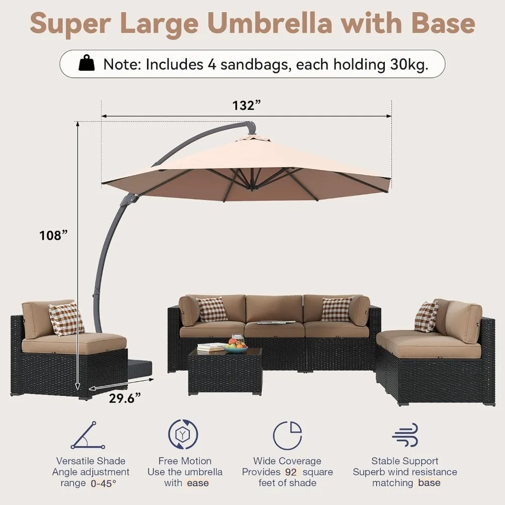 

Patio Furniture Set with Umbrella, 8 Piece Outdoor Sectional Sofas, Wicker Rattan Outdoor Furniture with Thickened, Customized