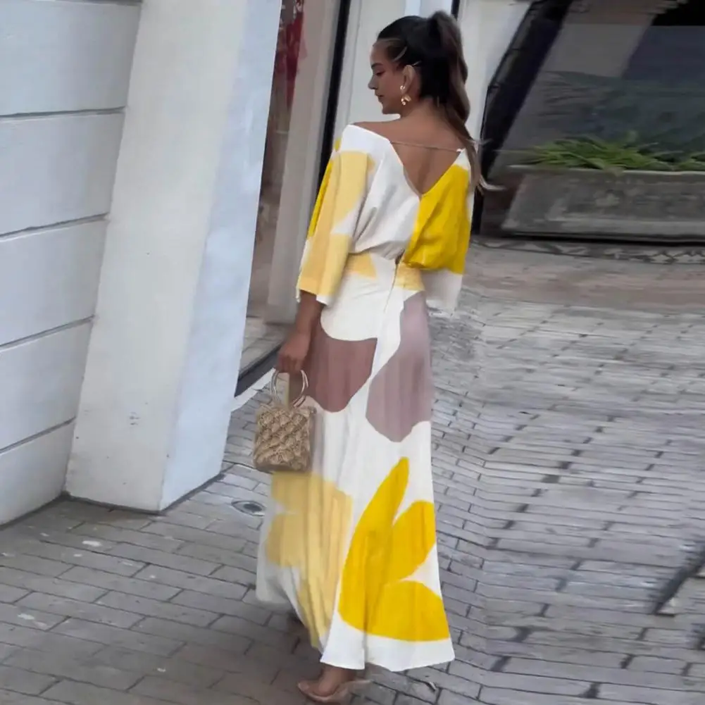 Women Printed Maxi Dress Stylish Colorblock Printed Maxi Dress for Women V Neck High Waist Off Shoulder Design for Prom