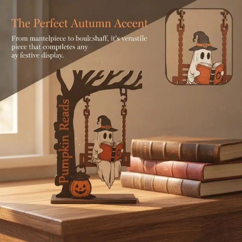 Ghost Swing Figurine Wooden Tree Halloween Decor Pumpkin Witch Hat Spooky Tabletop Party Decor Gift