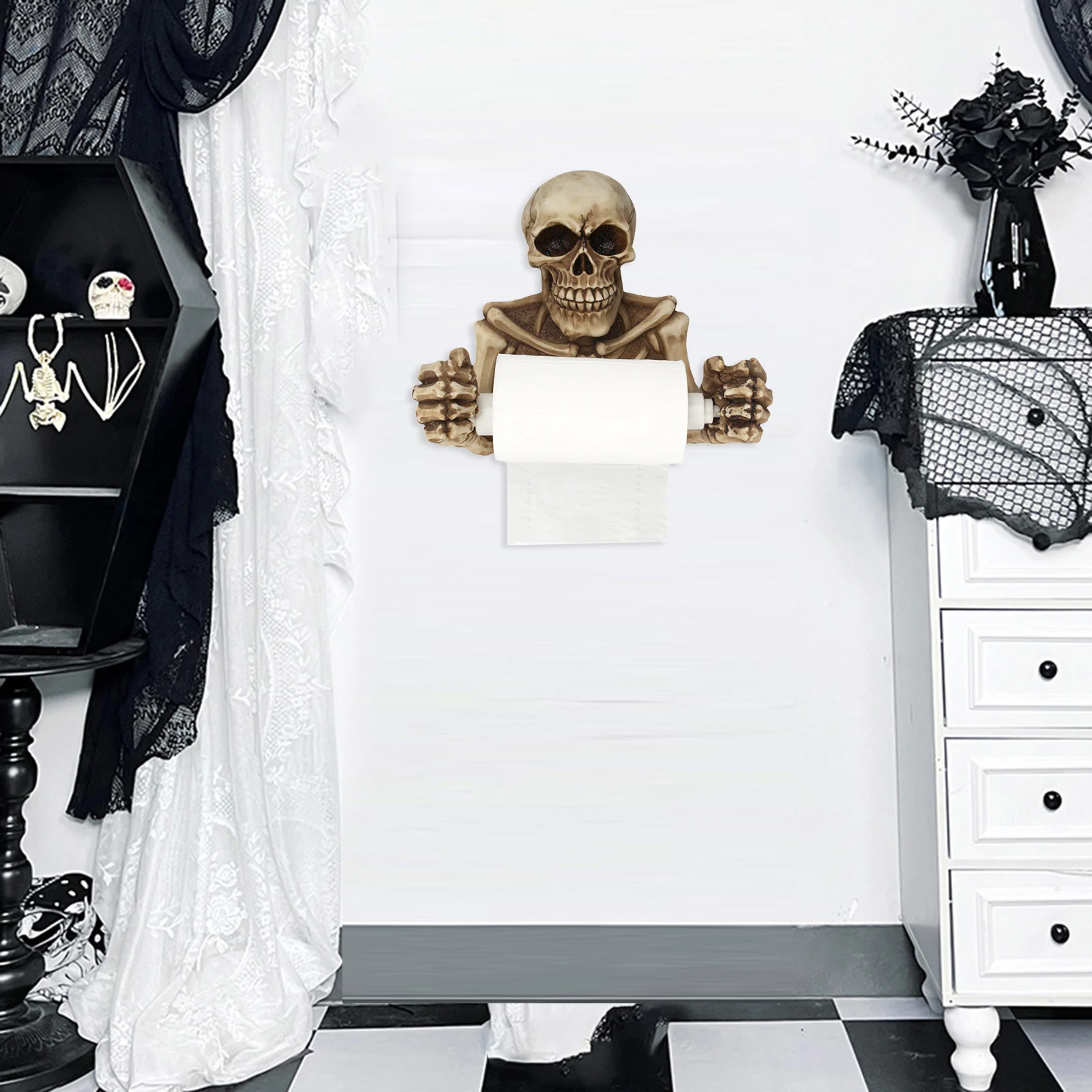 Resin Skull Toilet Paper Holder Wall Mount Tissue Roll Paper Storage Holder Skeleton Shelf Rack Bathroom Halloween Decor Holder - Image 3