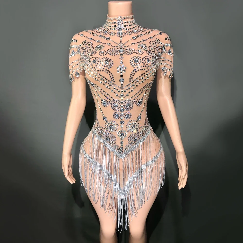 Błyszczące dżetów cekinowa sukienka seksowna siatka przepuszczalna piosenkarka tancerz strój sceniczny wydajność kostium taneczny strój urodzinowy