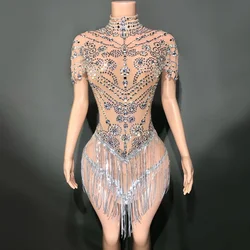 Sparkly Rhinestones Sequins Dress Sexy Mesh See Through Singer Dancer Stage Wear Performance Dance Costume Birthday Outfit