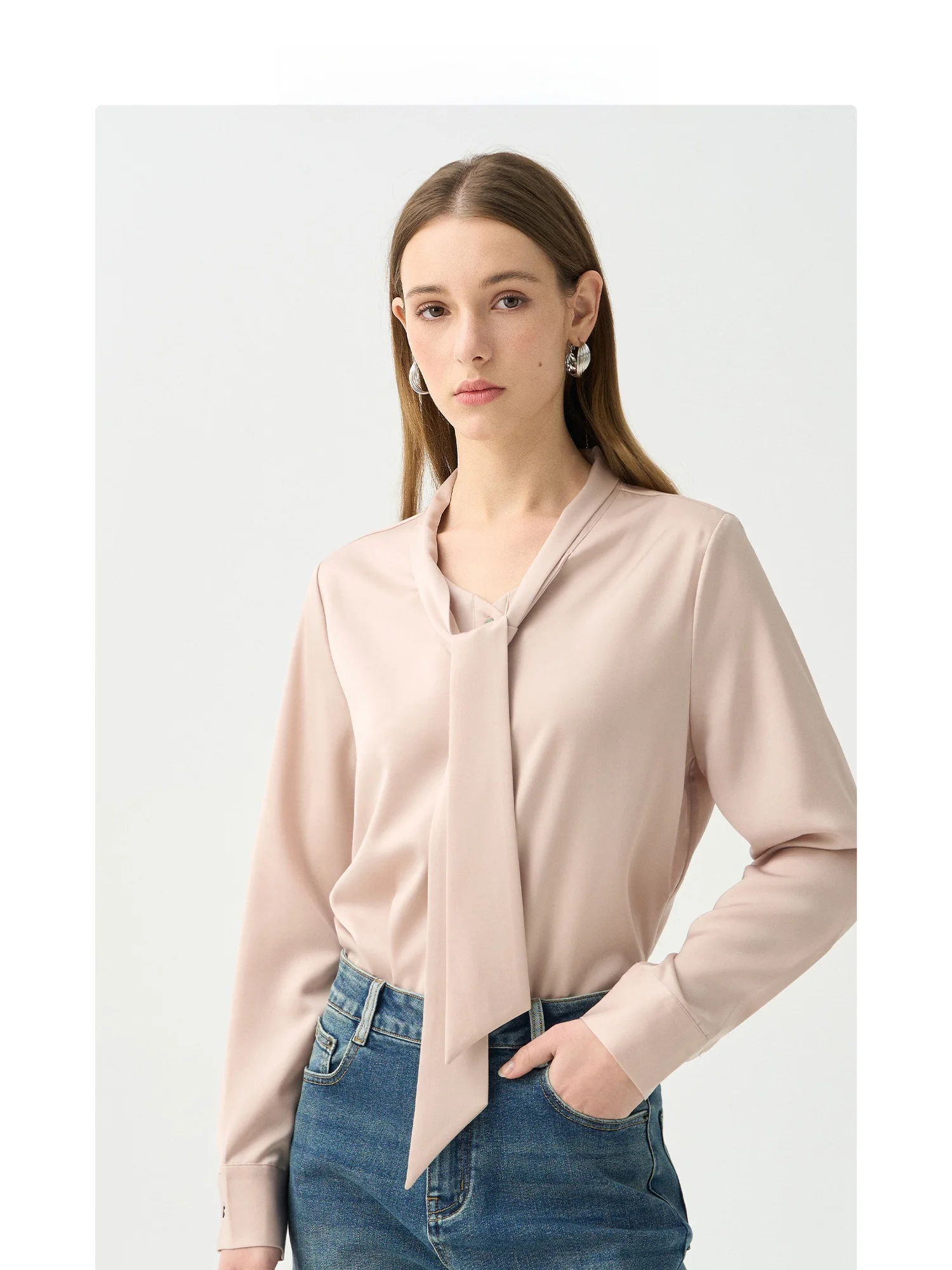 

Tide Blend Silk Satin Women's irt Pastel Orange Design Sensation V-Ne Long Sve Breathable Skin-Friendly Straight Cut