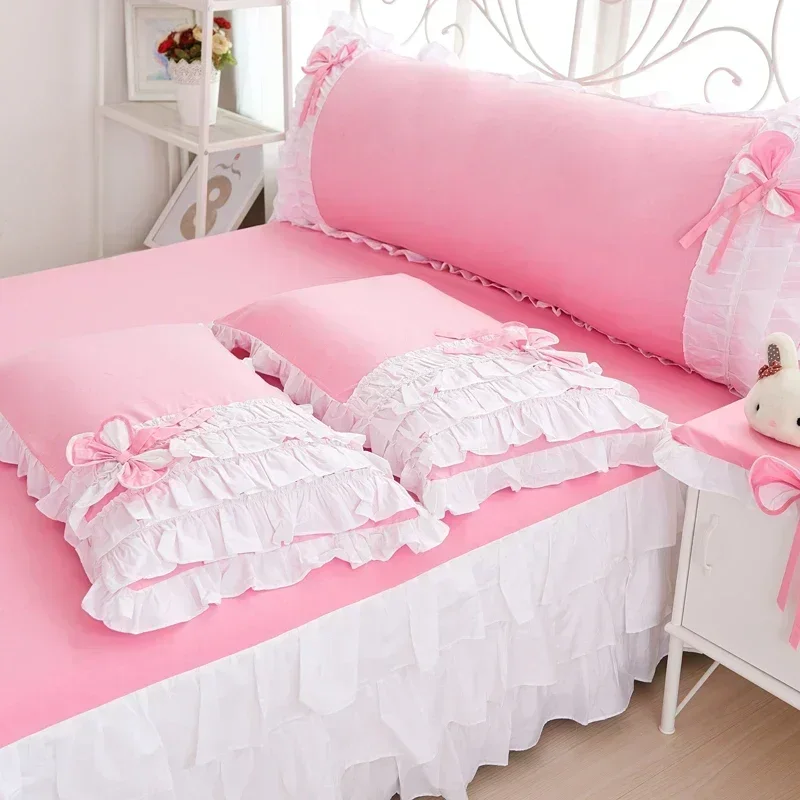 100% Cotton Pink Bow Ruffles Double Size Bedding Set Luxury Korean Princess Bedspread Set Duvet Cover Bed Skirt Pillowcases