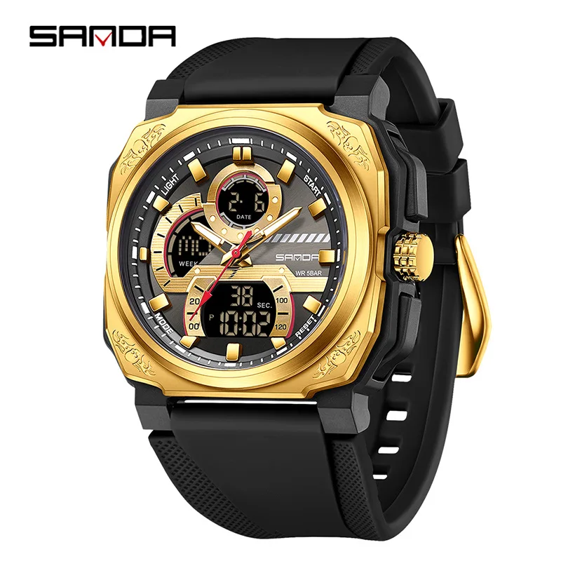 SANDA-reloj electrónico para hombre, pulsera deportiva multifuncional cuadrada con correa de silicona, pantalla Digital analógica, 3356