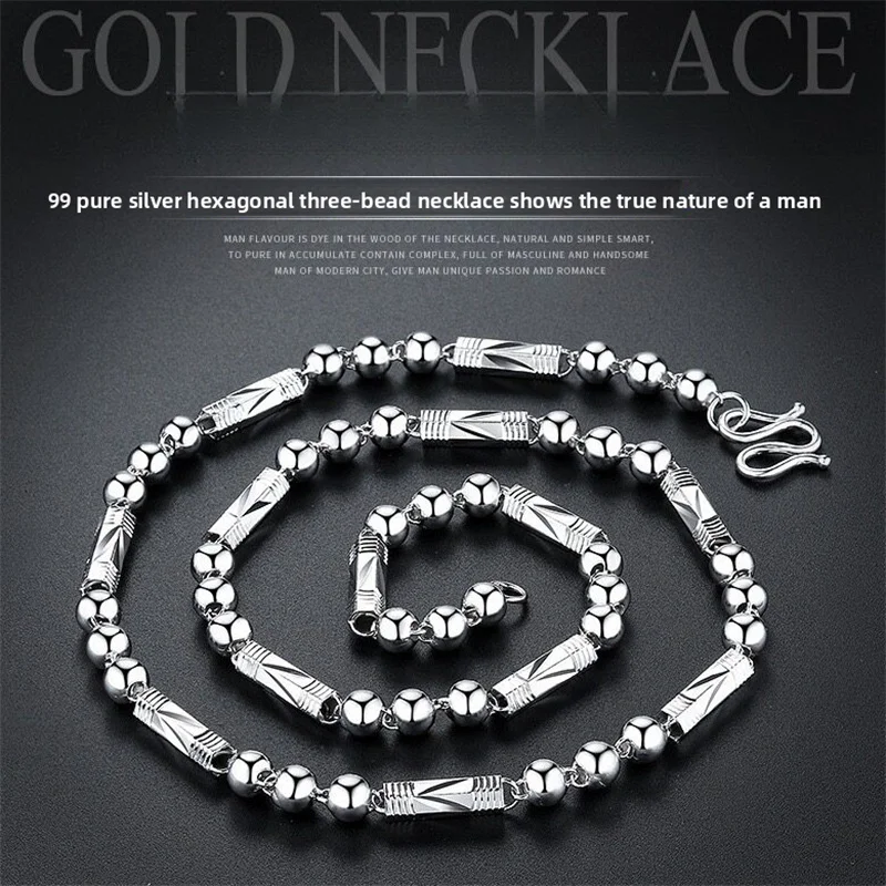 OUYADI Collar de Cadena de Tubo con Cuentas Hexagonales de Plata de Ley 999 para Hombre, Estilo Retro, Eslabones Gruesos, Joyería de Moda Hip-Hop Masculina, Regalo